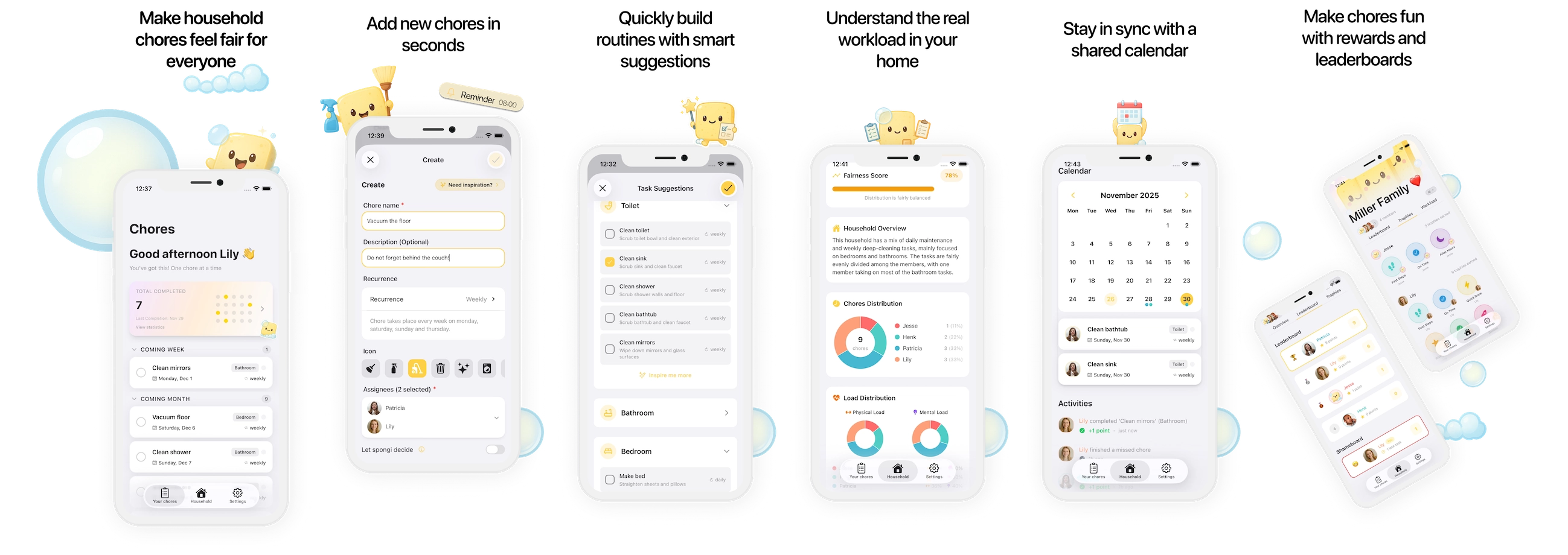 Spongi app features overview showing task scheduling, fair distribution, reminders, gamification, AI suggestions, and analytics