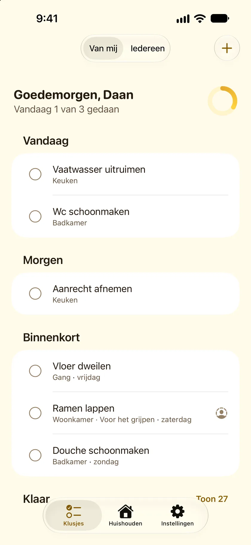 Het tabblad Klusjes in Spongi met de klusjes van vandaag