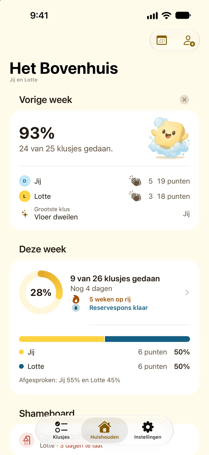 Het tabblad Huishouden in Spongi: ieders deel van de klusjes deze week